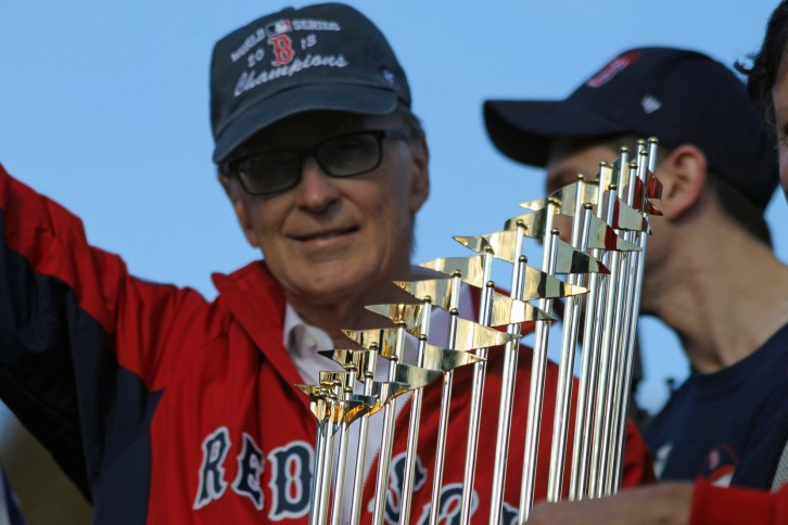 John Henry with 2013 World Series Trophy, Red Sox Rolling Parade, November 2, 2013